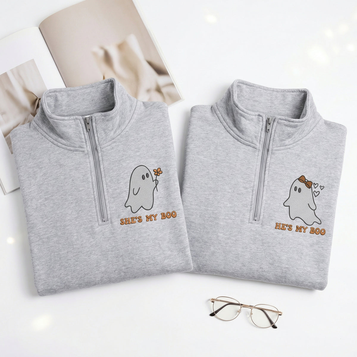 Custom Embroidered He's My Boo She's My Boo Halloween Quarter Zip Sweatshirts & Full-Zip Hoodie for Couples