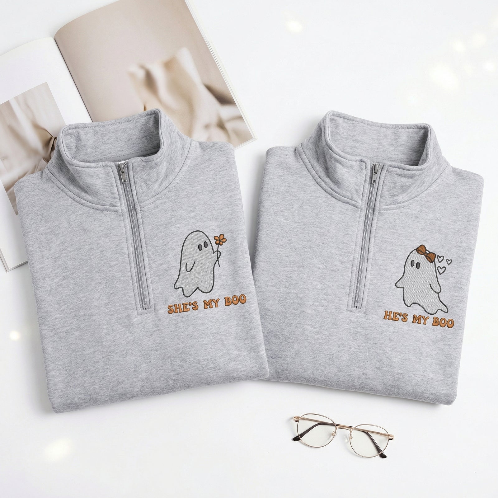 Custom Embroidered He's My Boo She's My Boo Halloween Quarter Zip Sweatshirts & Full-Zip Hoodie for Couples