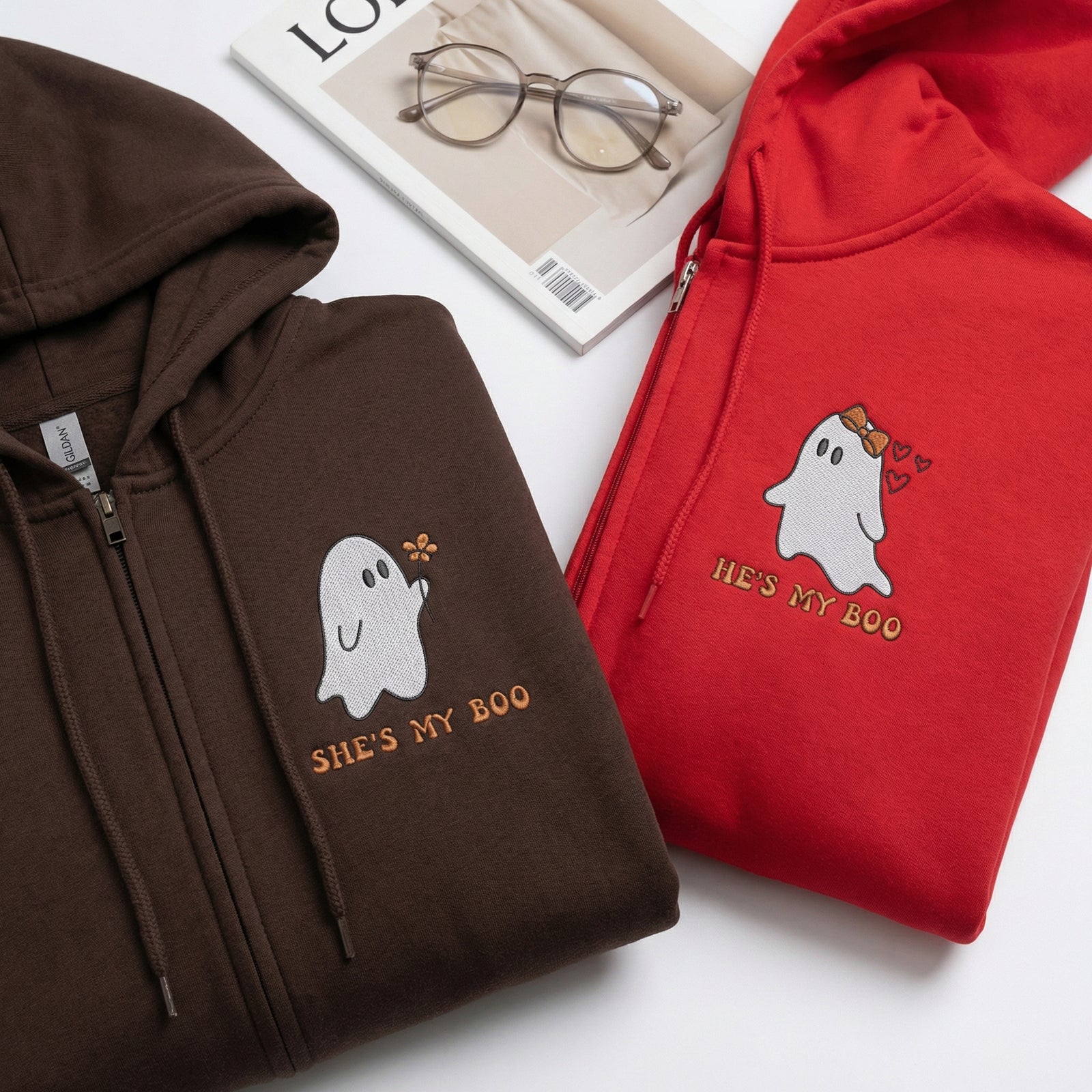 Custom Embroidered He's My Boo She's My Boo Halloween Quarter Zip Sweatshirts & Full-Zip Hoodie for Couples