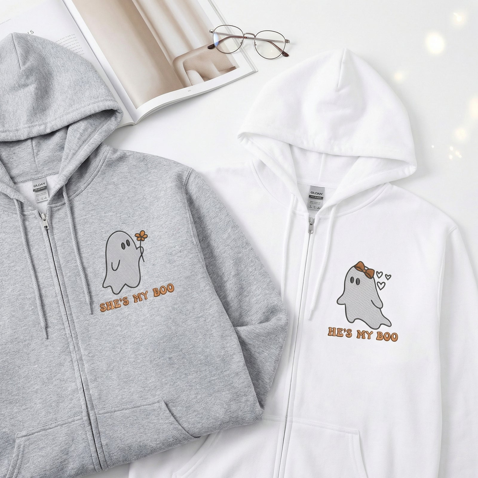 Custom Embroidered He's My Boo She's My Boo Halloween Quarter Zip Sweatshirts & Full-Zip Hoodie for Couples