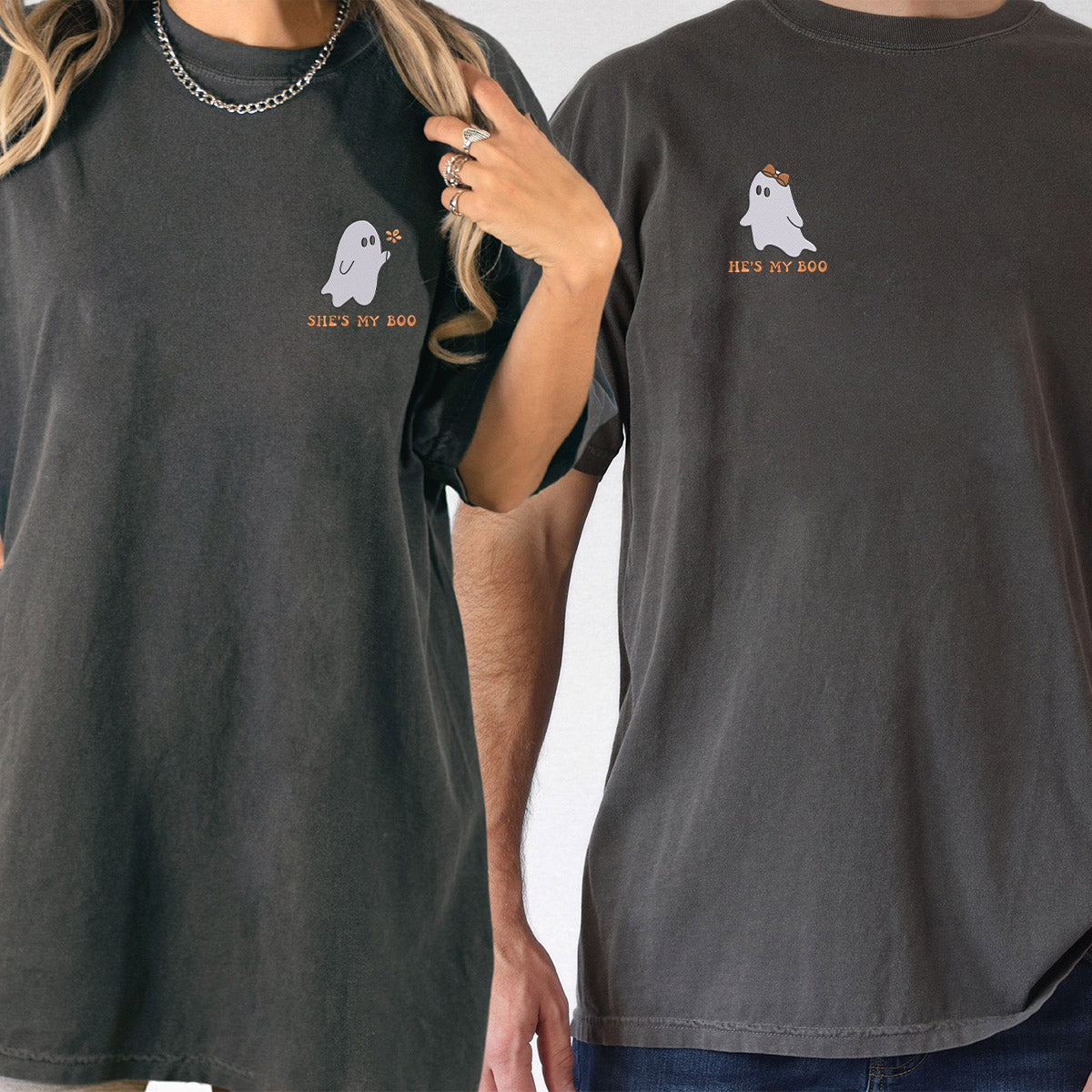 Custom Embroidered He's My Boo She's My Boo Halloween T-shirts for Couples