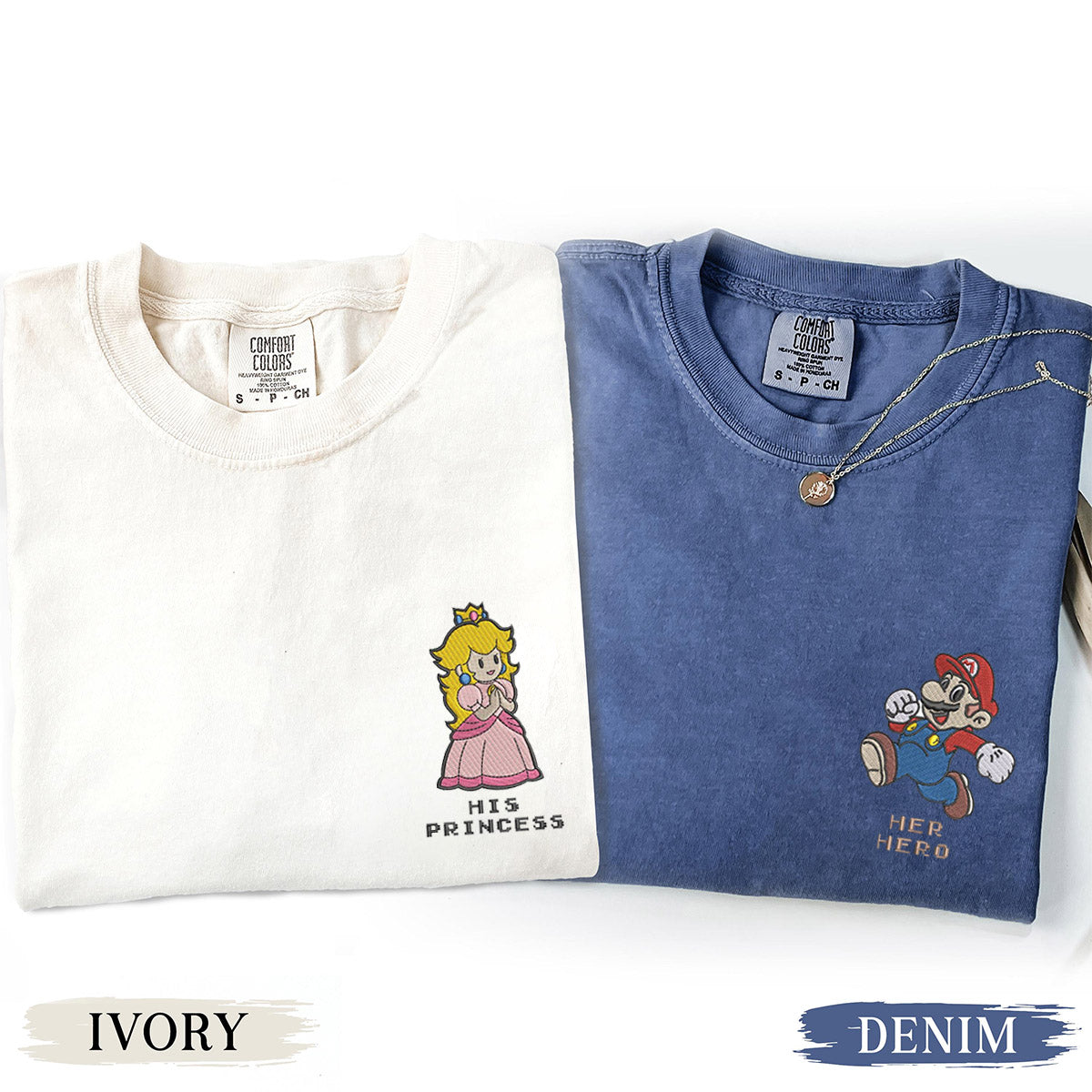 Custom Embroidered Her Hero and His Princess Couple T-shirts