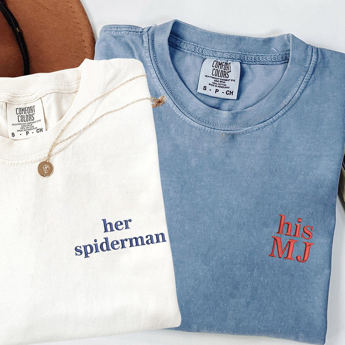 Custom Embroidered Her Spiderman His MJ T-shirts for Couples