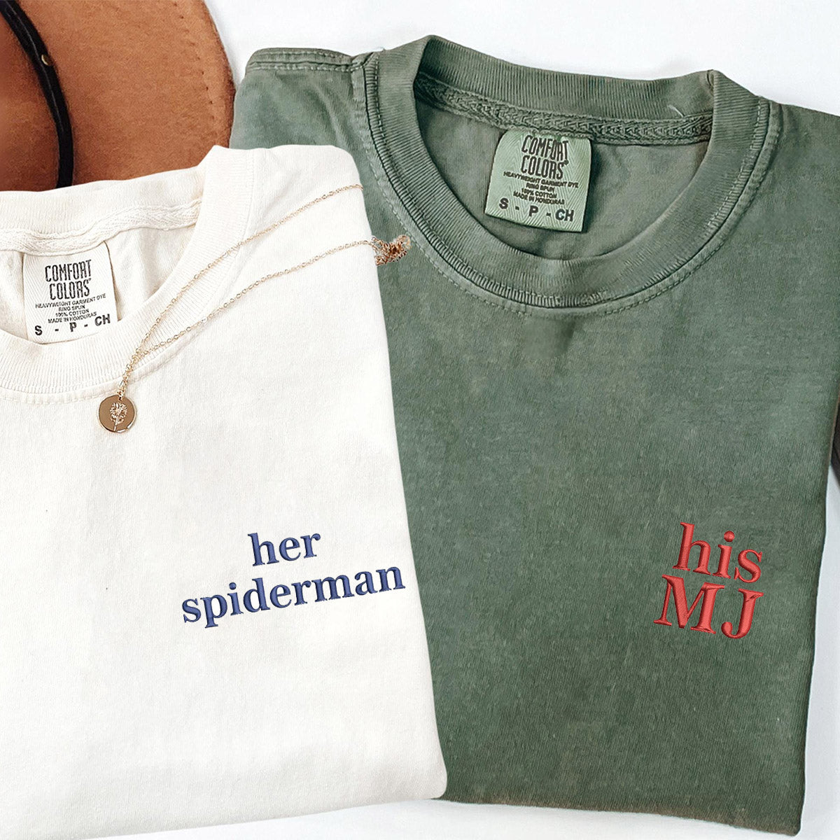 Custom Embroidered Her Spiderman His MJ T-shirts for Couples