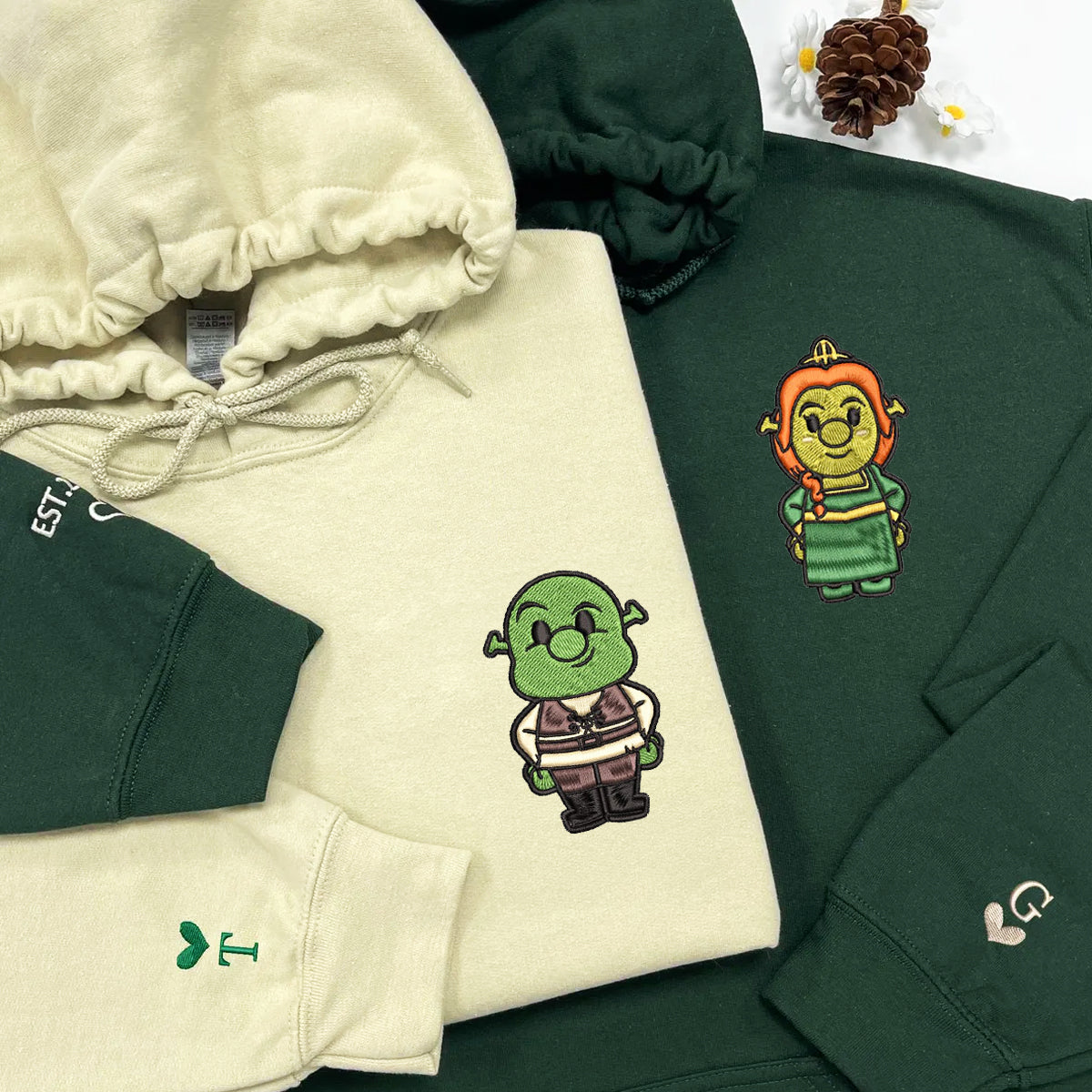 Custom Embroidered Hoodies For Couples, Couples With Matching Hoodies, Cute Ogre x Princess Cartoon Couples Embroidered Hoodie