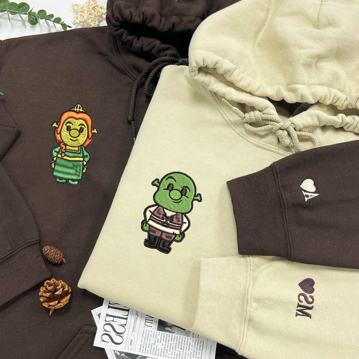 Custom Embroidered Hoodies For Couples, Couples With Matching Hoodies, Cute Ogre x Princess Cartoon Couples Embroidered Hoodie
