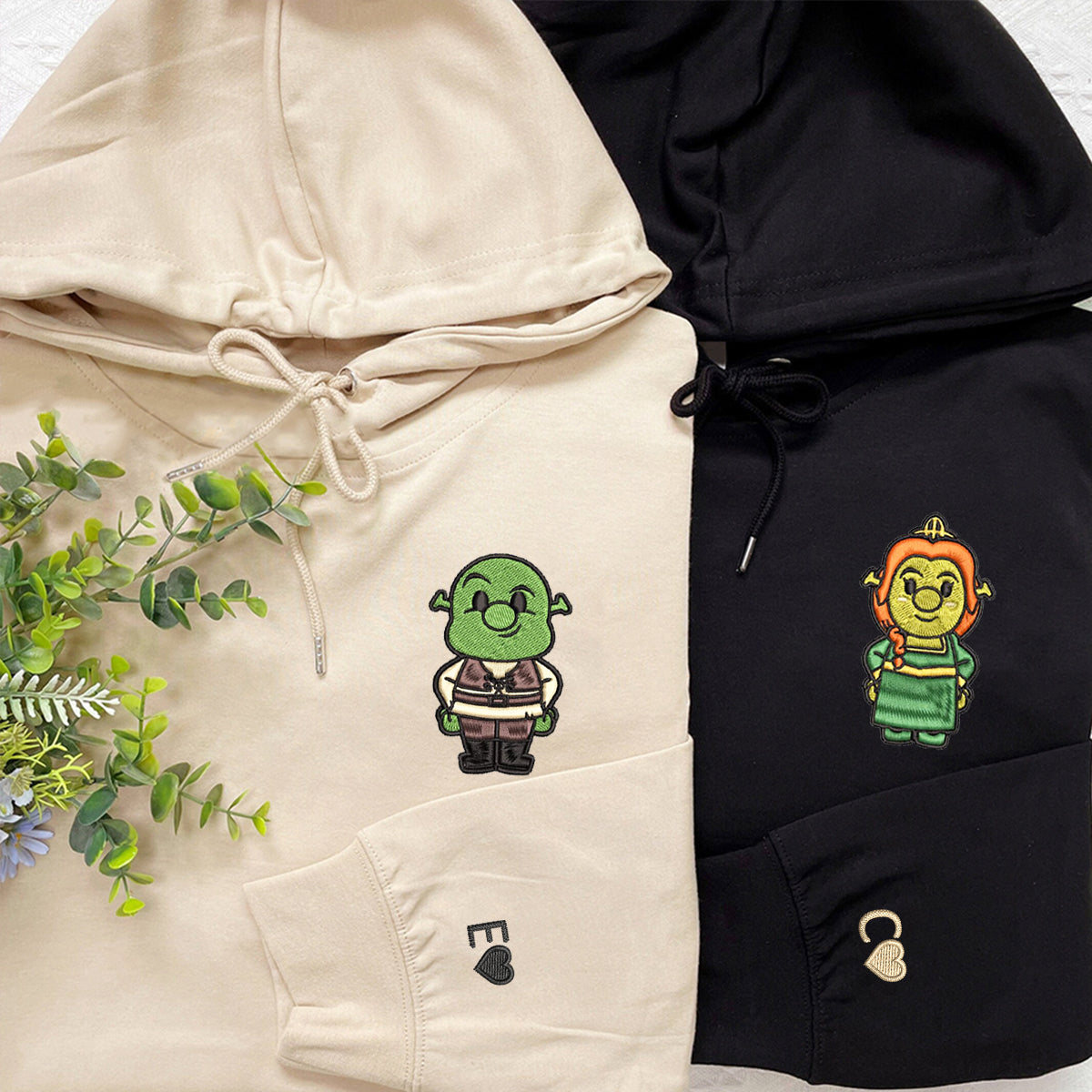 Custom Embroidered Hoodies For Couples, Couples With Matching Hoodies, Cute Ogre x Princess Cartoon Couples Embroidered Hoodie