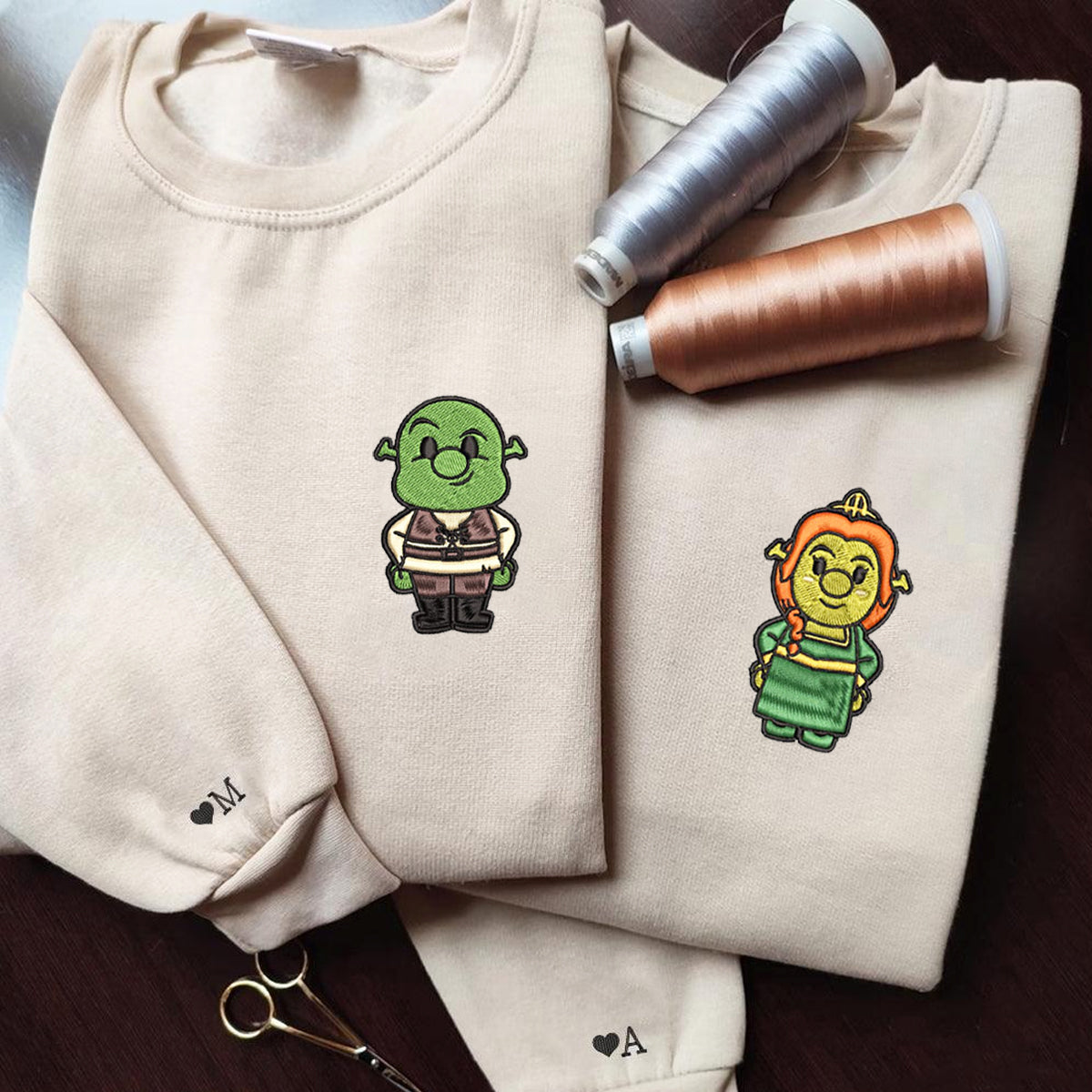 Custom Embroidered Hoodies For Couples, Couples With Matching Hoodies, Cute Ogre x Princess Cartoon Couples Embroidered Hoodie