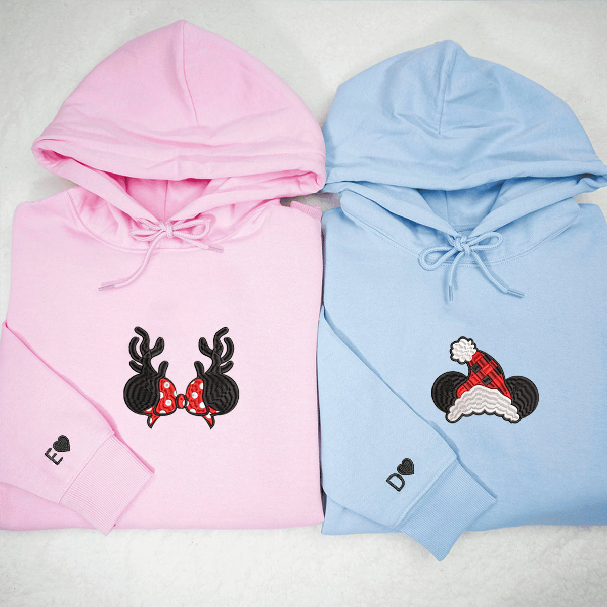 Custom Embroidered Hoodies For Couples, Custom Embroidered Cartoon Mouses Christmas Couples Embroidered Hoodies