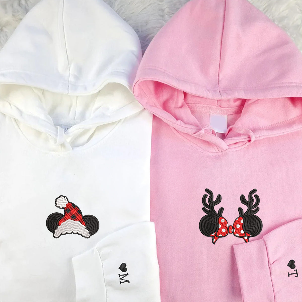 Custom Embroidered Hoodies For Couples, Custom Embroidered Cartoon Mouses Christmas Couples Embroidered Hoodies