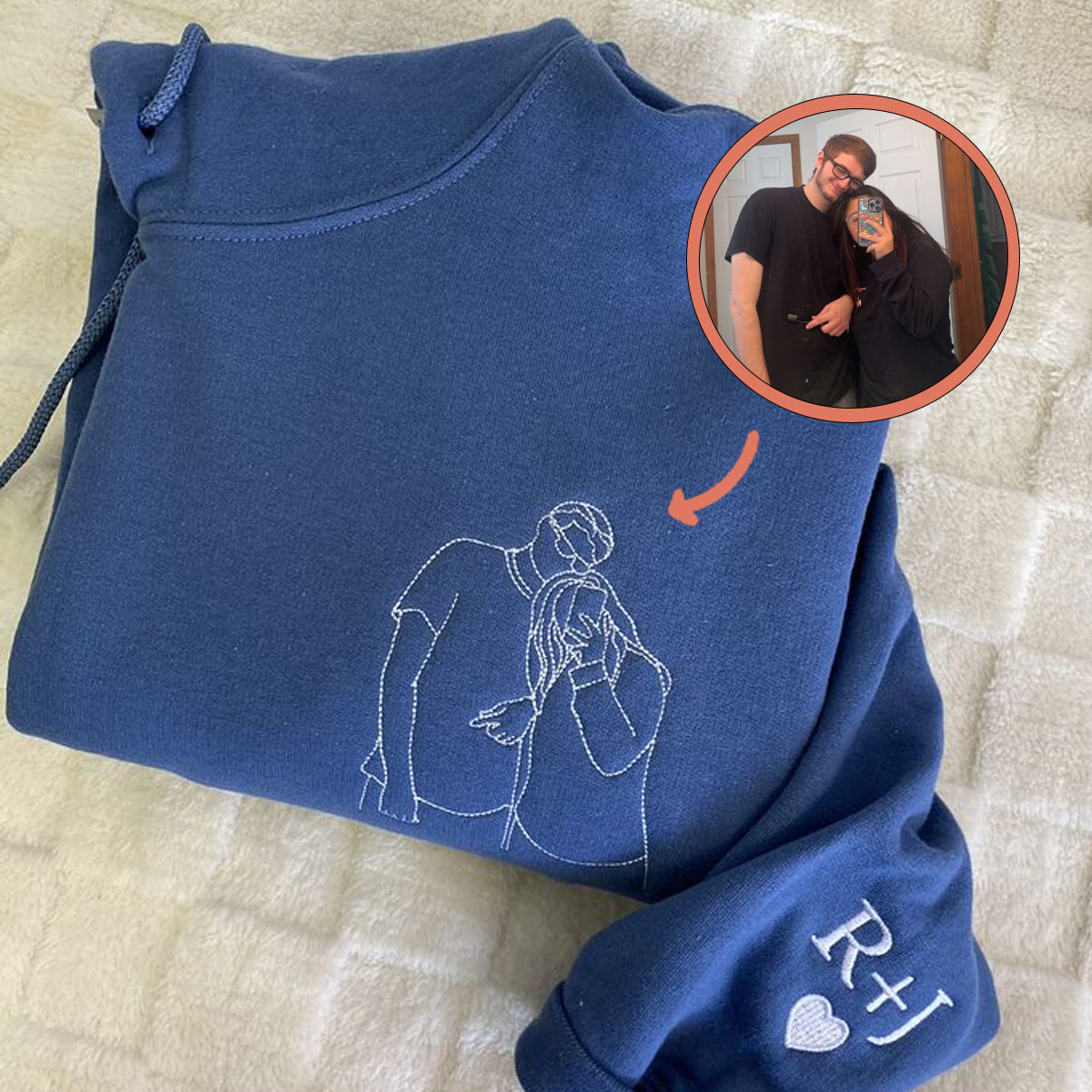 Custom Embroidered Hoodies For Couples, Custom Embroidered Portrait From Photo Matching Couple Hoodie, Outline Photo Embroidered Hoodie