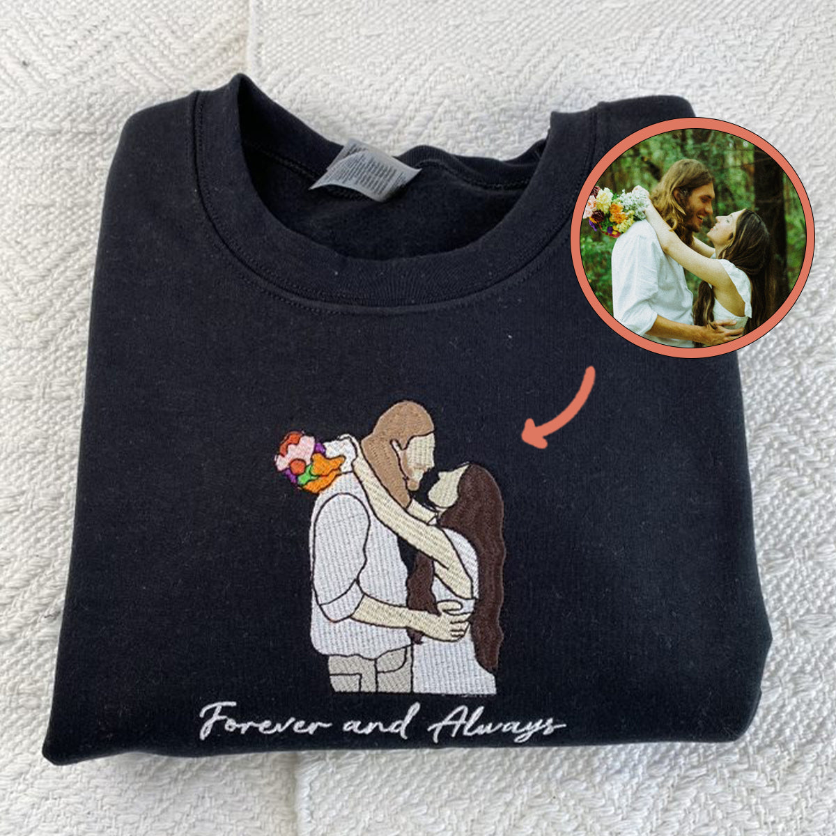 Custom Embroidered Hoodies For Couples, Custom Embroidered Portrait Photo Date On Sleeve Matching Couple Embroidered Hoodie