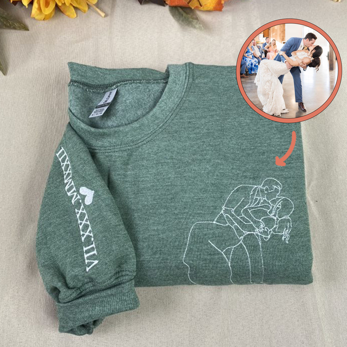 Custom Embroidered Hoodies For Couples, Custom Embroidered Portrait Photo Roman Numeral Date, Matching Couple Embroidered Hoodie Hoodie