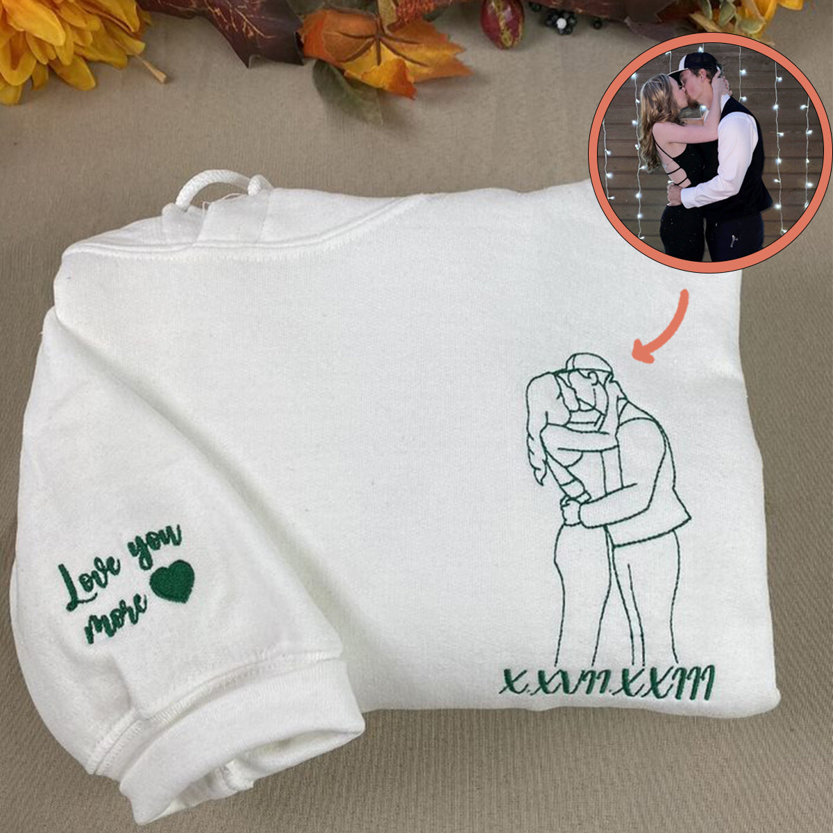 Custom Embroidered Hoodies For Couples, Custom Embroidered Portrait Photo Roman Numeral Date, Matching Couple Embroidered Hoodie Hoodie