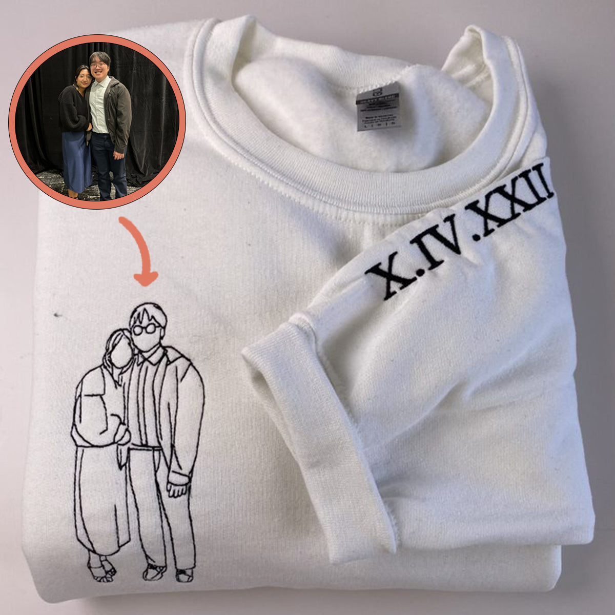 Custom Embroidered Hoodies For Couples, Custom Embroidered Portrait Photo Roman Numeral Date, Matching Couple Embroidered Hoodie Hoodie
