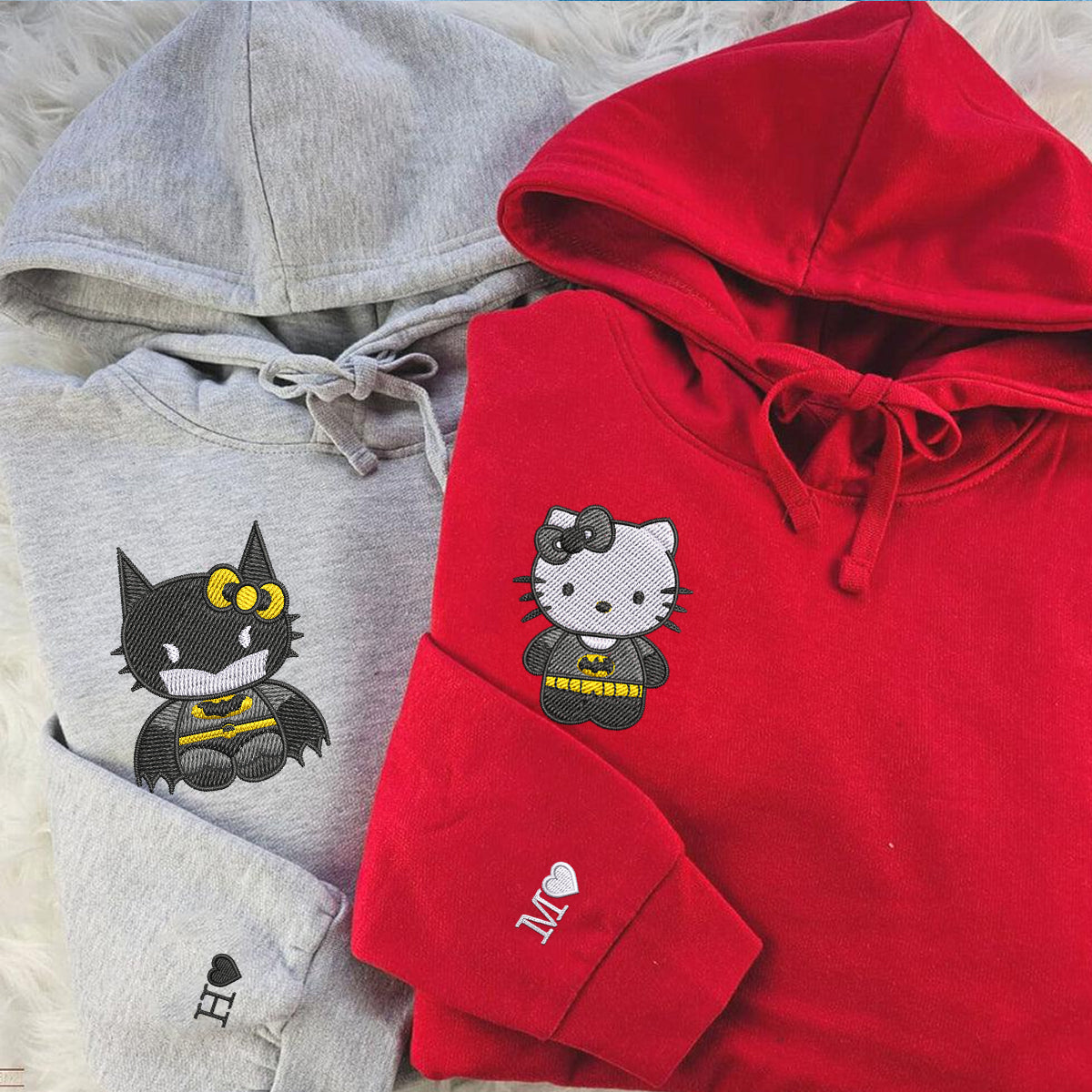 Custom Embroidered Hoodies For Couples, Custom Matching Couple Hoodie, Cartoon Bat x Kitten Couples Embroidered Hoodie
