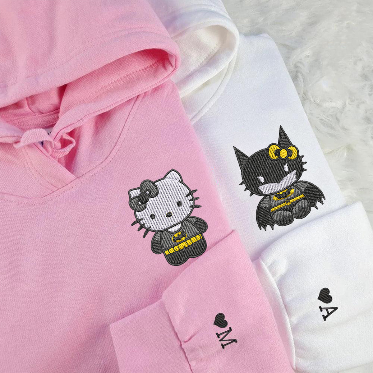 Custom Embroidered Hoodies For Couples, Custom Matching Couple Hoodie, Cartoon Bat x Kitten Couples Embroidered Hoodie