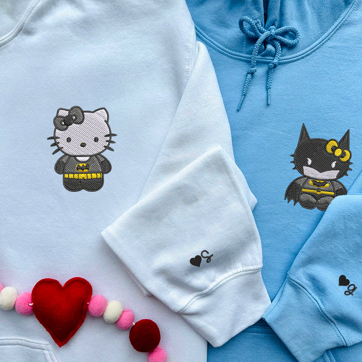 Custom Embroidered Hoodies For Couples, Custom Matching Couple Hoodie, Cartoon Bat x Kitten Couples Embroidered Hoodie