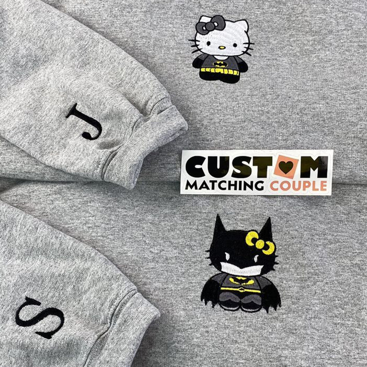 Custom Embroidered Hoodies For Couples, Custom Matching Couple Hoodie, Cartoon Bat x Kitten Couples Embroidered Hoodie