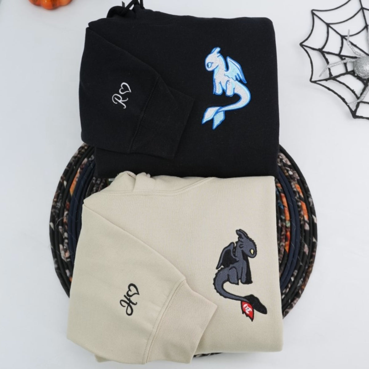 Custom Embroidered Hoodies For Couples, Custom Matching Couple Hoodie, Cartoon Cute Black Dragon x White Dragon Couples Embroidered Hoodie