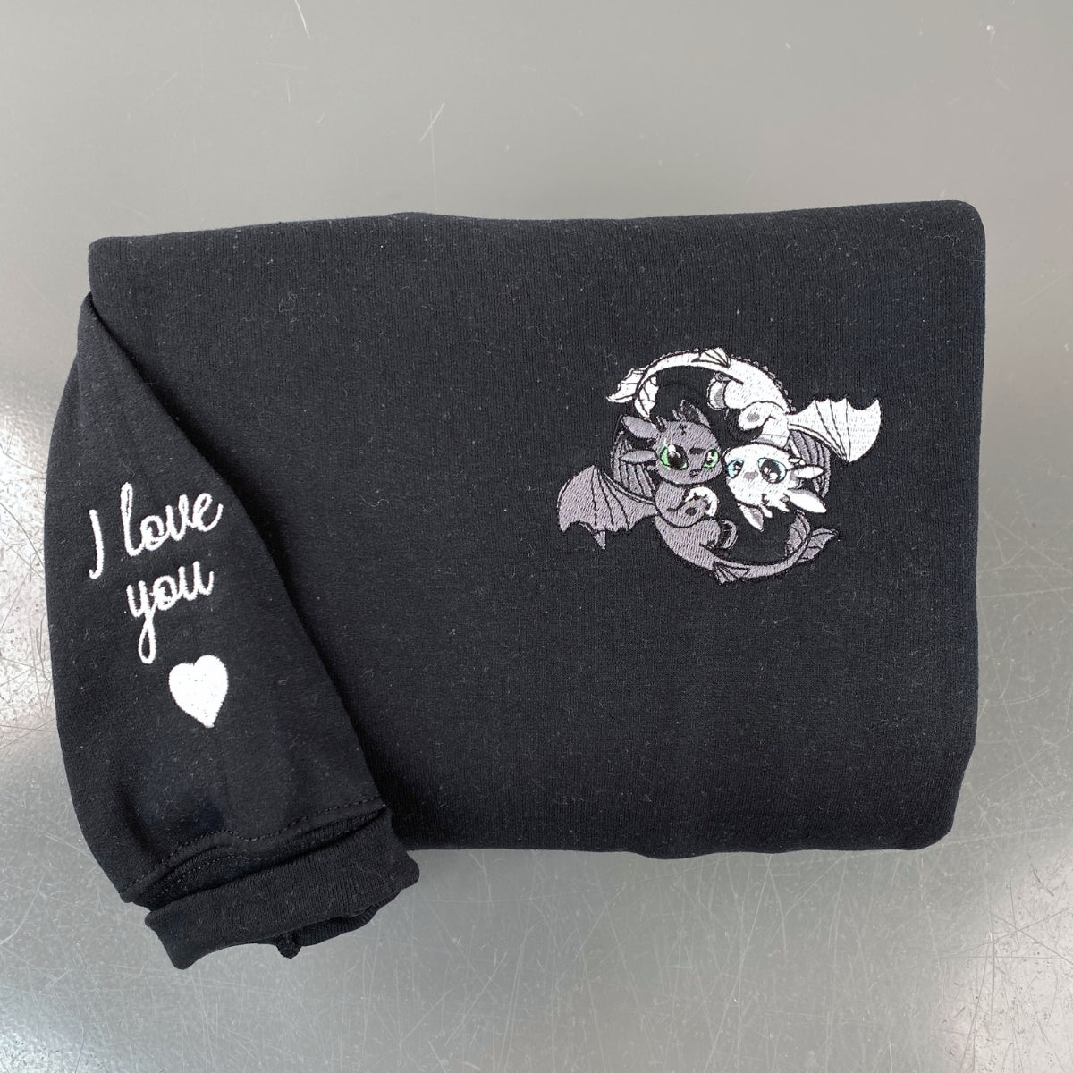 Custom Embroidered Hoodies For Couples, Custom Matching Couple Hoodie, Cartoon Cute Black Dragon x White Dragon Couples Embroidered Hoodie