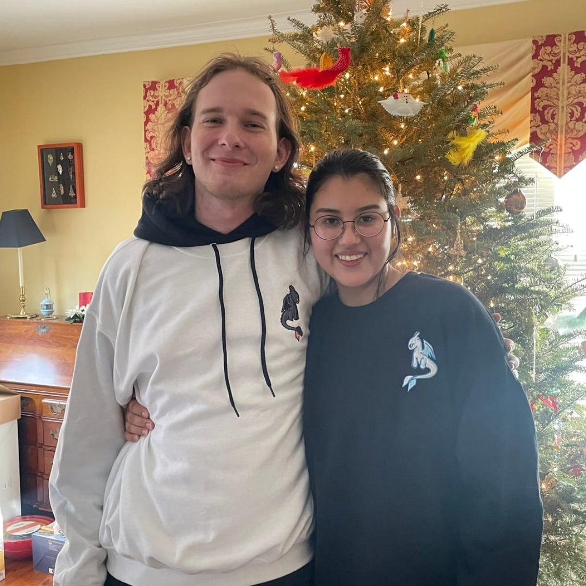 Custom Embroidered Hoodies For Couples, Custom Matching Couple Hoodie, Cartoon Cute Black Dragon x White Dragon Couples Embroidered Hoodie