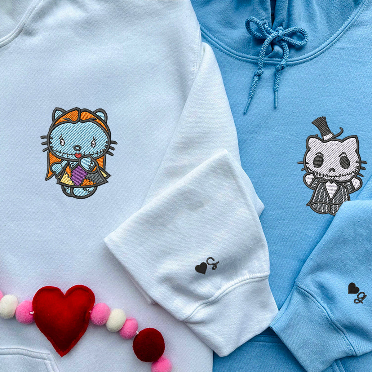 Custom Embroidered Hoodies For Couples, Custom Matching Couple Hoodie, Cartoon Jack Sally Kitten Couples Embroidered Hoodie