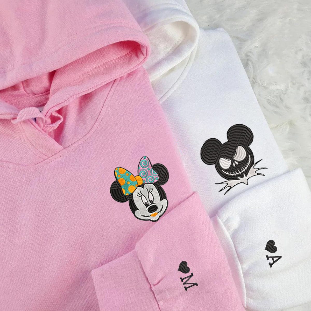 Custom Embroidered Hoodies For Couples, Custom Matching Couple Hoodie, Cartoon Jack Sally Mouses Couples Embroidered Hoodie
