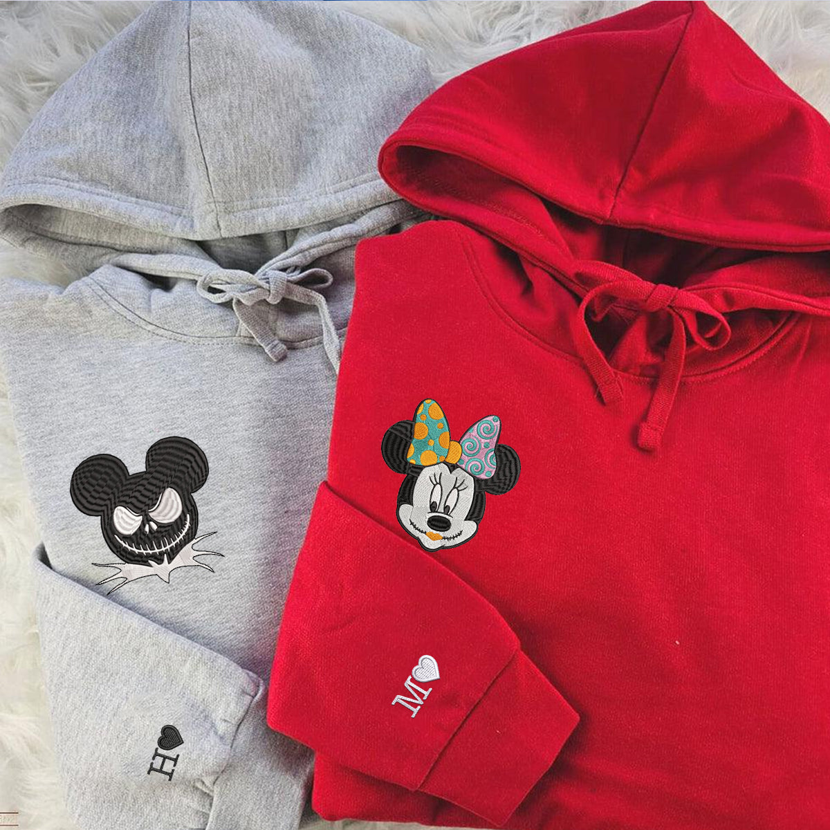 Custom Embroidered Hoodies For Couples, Custom Matching Couple Hoodie, Cartoon Jack Sally Mouses Couples Embroidered Hoodie