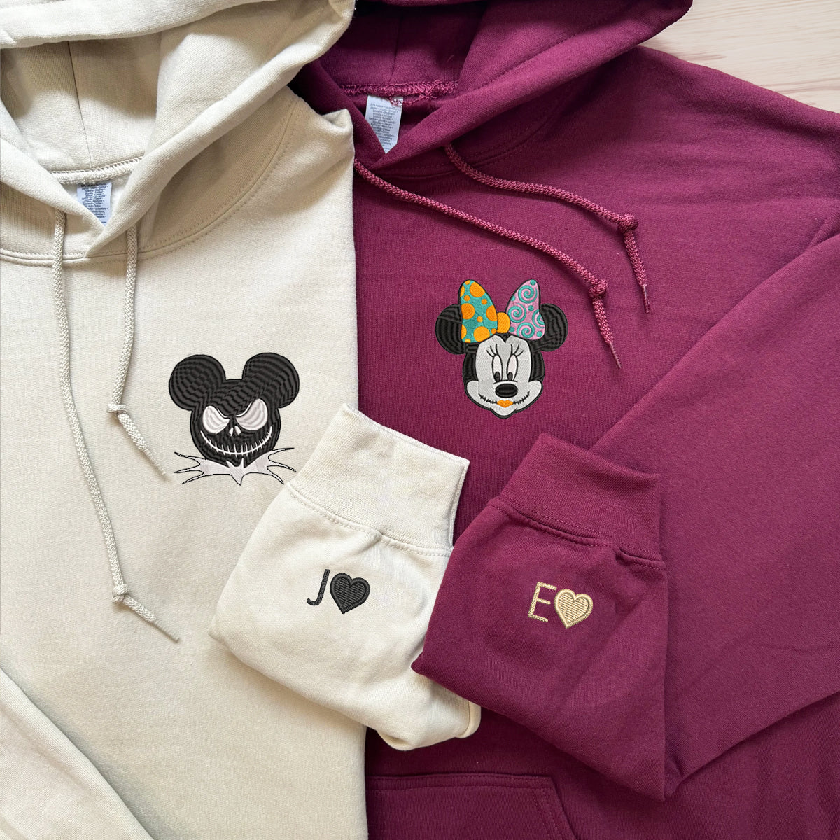 Custom Embroidered Hoodies For Couples, Custom Matching Couple Hoodie, Cartoon Jack Sally Mouses Couples Embroidered Hoodie