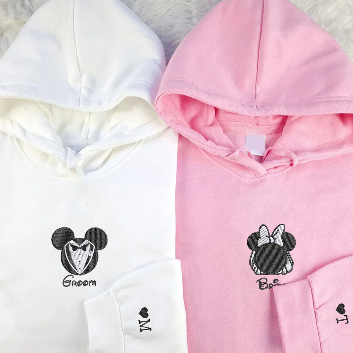 Custom Embroidered Hoodies For Couples, Custom Matching Couple Hoodie, Cartoon Mouses Bride Groom Couples Embroidered Hoodie