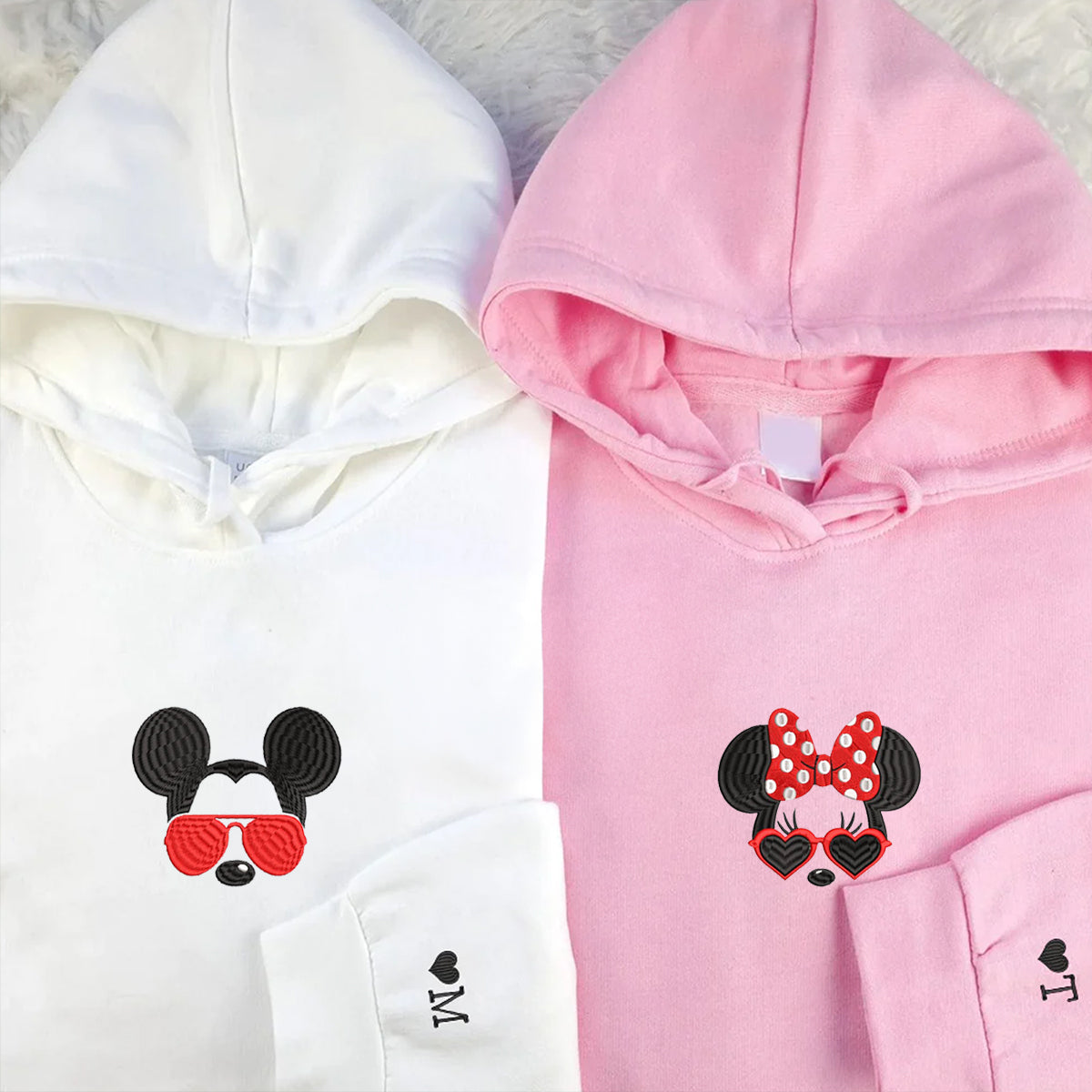 Custom Embroidered Hoodies For Couples, Custom Matching Couple Hoodie, Cartoon Mouse Inspired Couples Embroidered Matching Hoodie