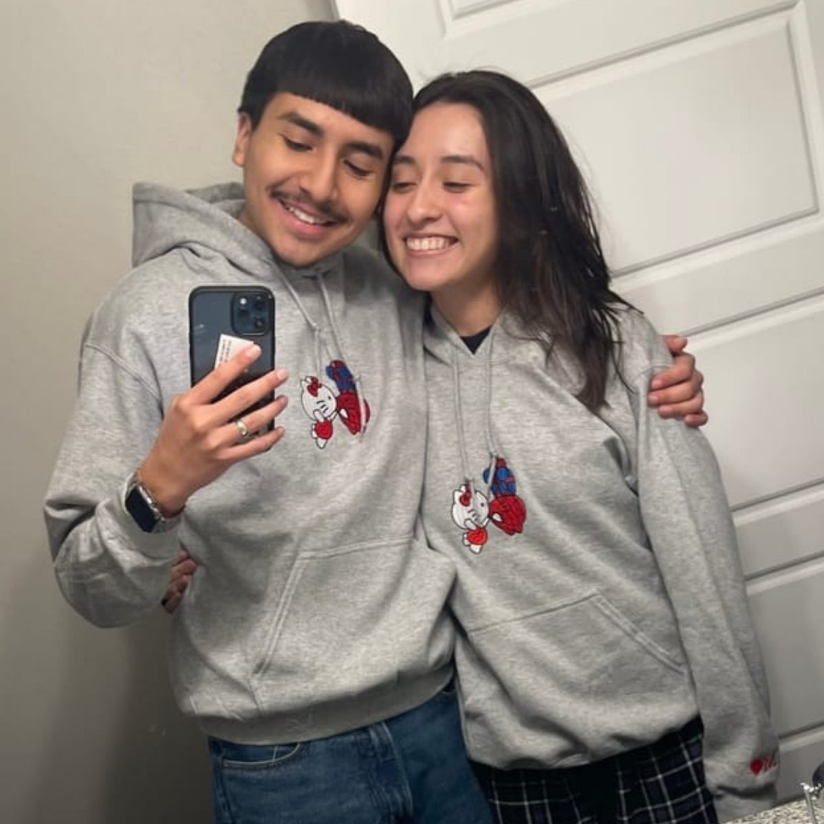 Custom Embroidered Hoodies For Couples, Custom Matching Couple Hoodie, Cartoon Spider and Kitten Couples Embroidered Hoodie V2