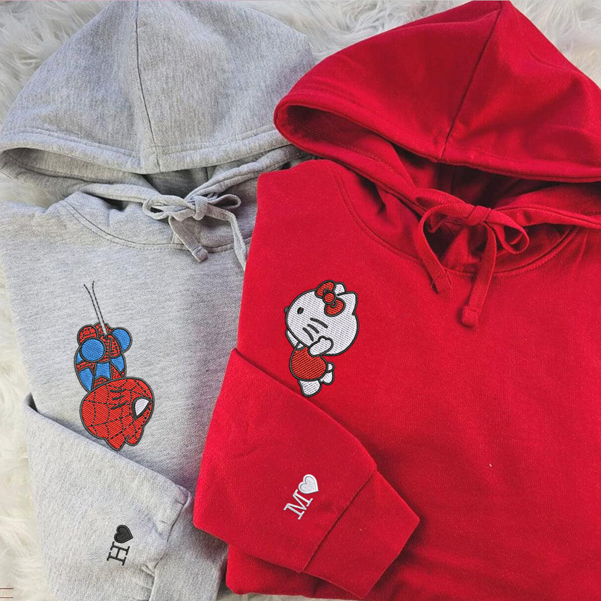 Custom Embroidered Hoodies For Couples, Custom Matching Couple Hoodie, Cartoon Spider and Kitten Couples Embroidered Hoodie V2