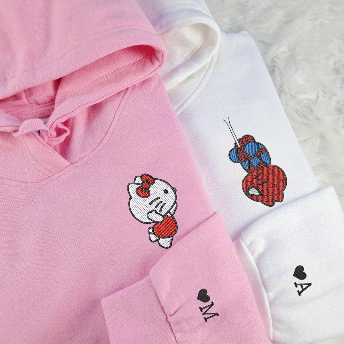 Custom Embroidered Hoodies For Couples, Custom Matching Couple Hoodie, Cartoon Spider and Kitten Couples Embroidered Hoodie V2
