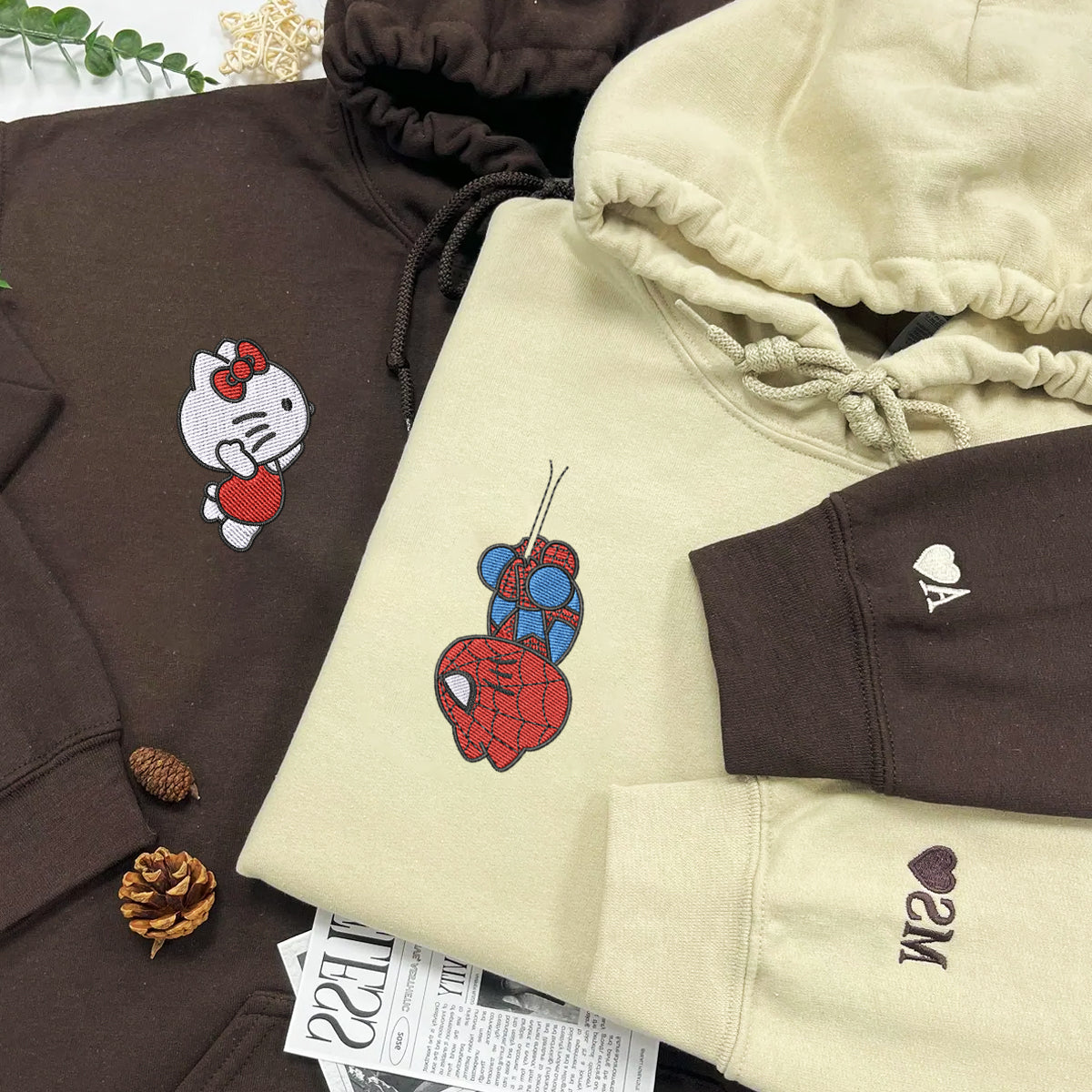 Custom Embroidered Hoodies For Couples, Custom Matching Couple Hoodie, Cartoon Spider and Kitten Couples Embroidered Hoodie V2