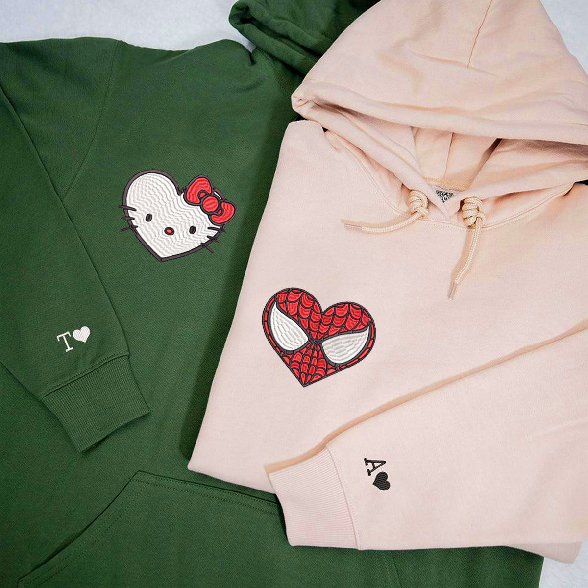 Custom Embroidered Hoodies For Couples, Custom Matching Couple Hoodie, Cartoon Spider x Cat Couples Embroidered Hoodie