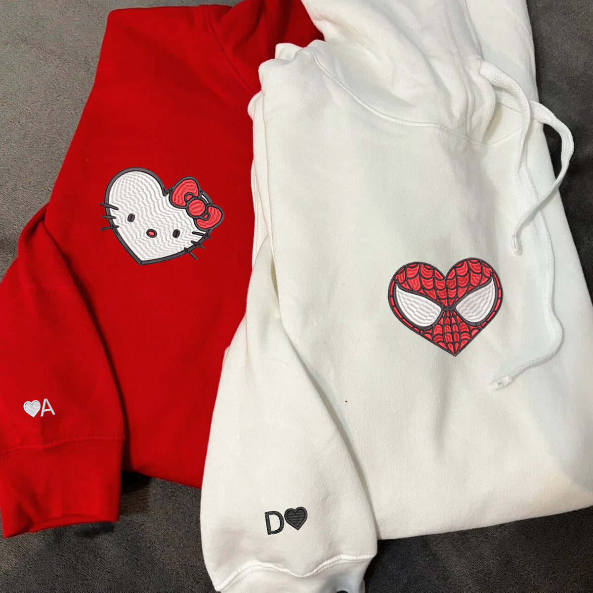 Custom Embroidered Hoodies For Couples, Custom Matching Couple Hoodie, Cartoon Spider x Cat Couples Embroidered Hoodie