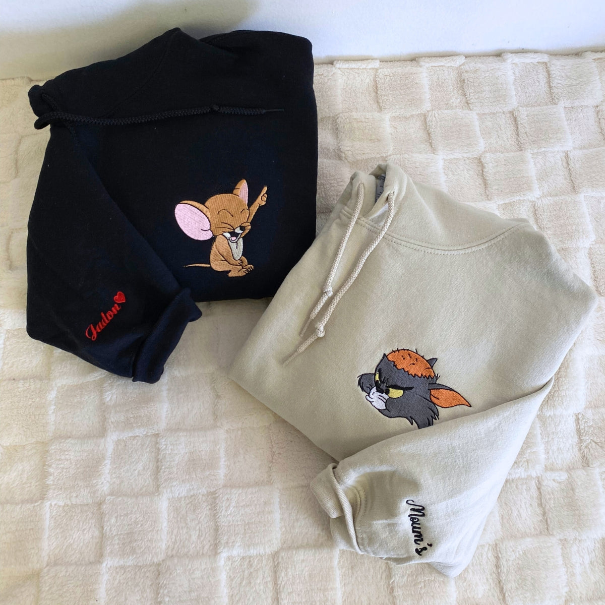 Custom Embroidered Hoodies For Couples, Custom Matching Couple Hoodie, Cartoon Tom Cat Mouse Couples Embroidered Hoodie