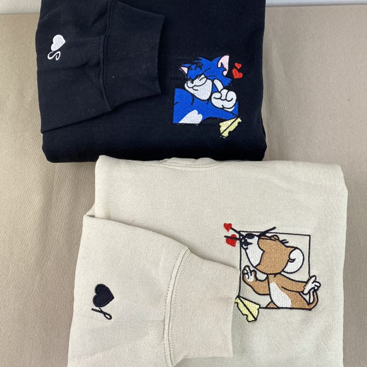 Custom Embroidered Hoodies For Couples, Custom Matching Couple Hoodie, Cartoon Tom Cat Mouse Couples Embroidered Hoodie