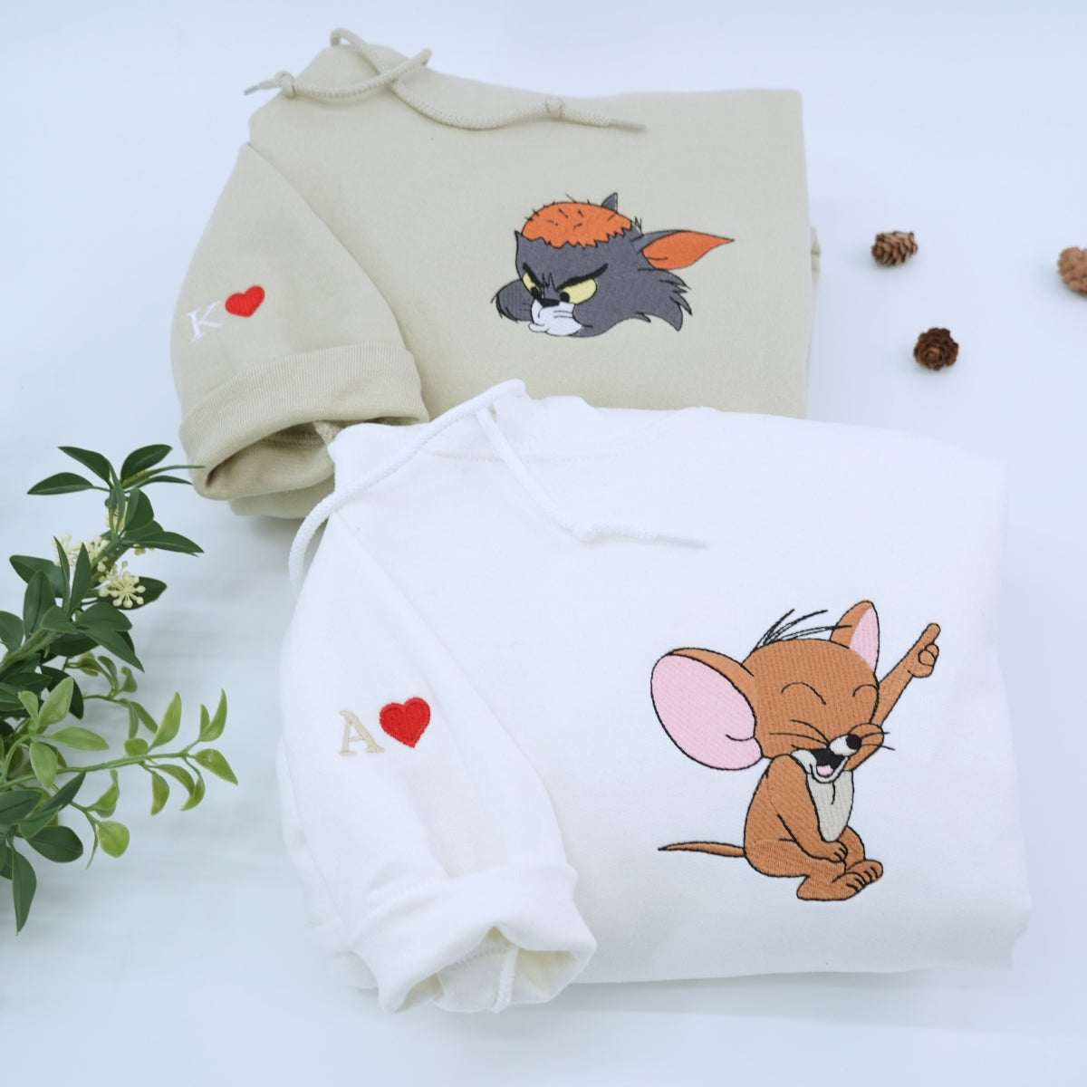 Custom Embroidered Hoodies For Couples, Custom Matching Couple Hoodie, Cartoon Tom Cat Mouse Couples Embroidered Hoodie