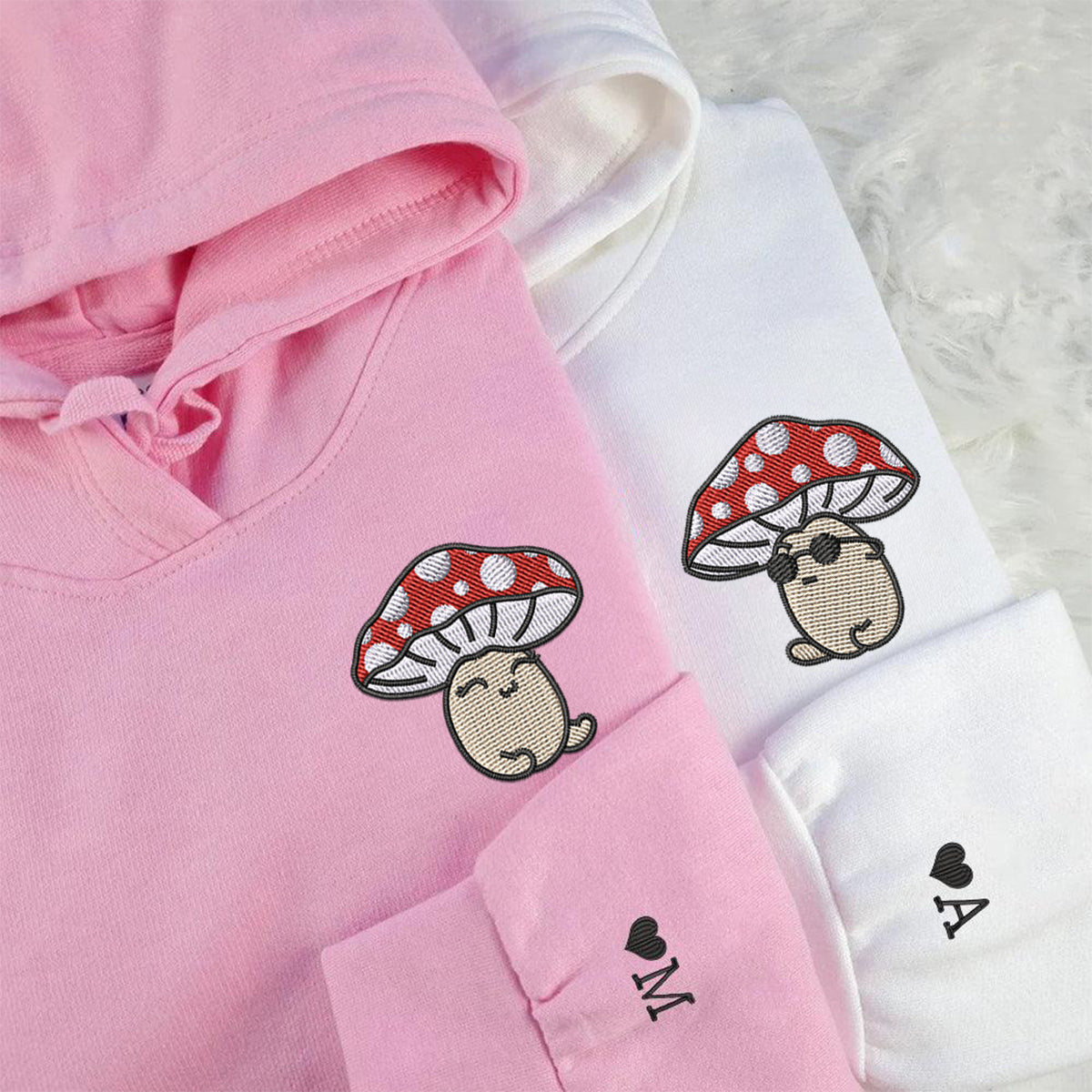 Custom Embroidered Hoodies For Couples, Custom Matching Couple Hoodie, Cute Mushroom Cartoon Couples Embroidered Hoodie
