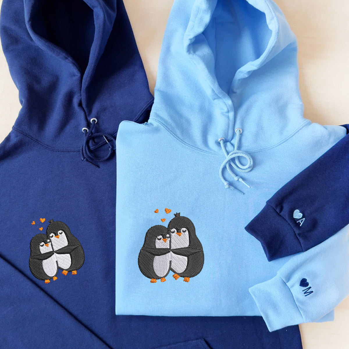 Custom Embroidered Hoodies For Couples, Custom Matching Couple Hoodie, Cute Penguin Couples Embroidered Hoodie