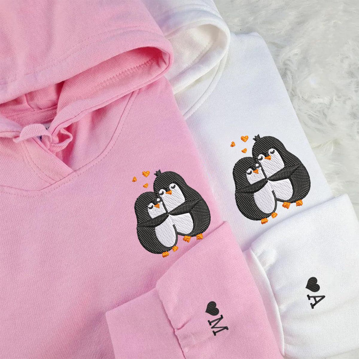 Custom Embroidered Hoodies For Couples, Custom Matching Couple Hoodie, Cute Penguin Couples Embroidered Hoodie