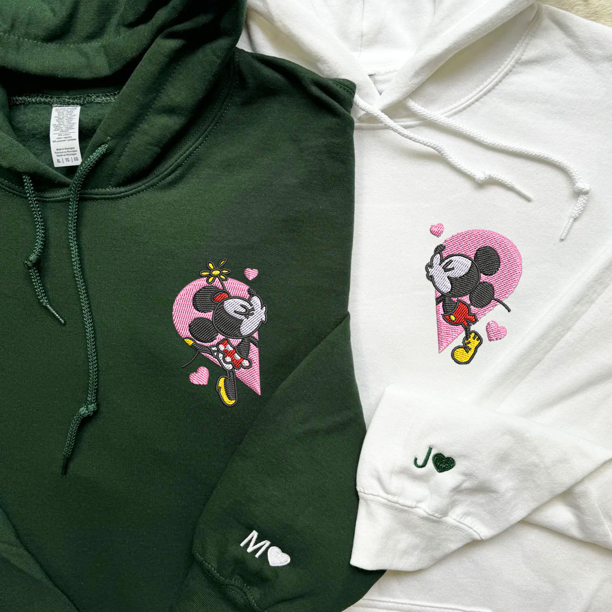 Custom Embroidered Hoodies For Couples, Custom Matching Couple Hoodie, Mouse Heart Cartoon Couples Embroidered Hoodie