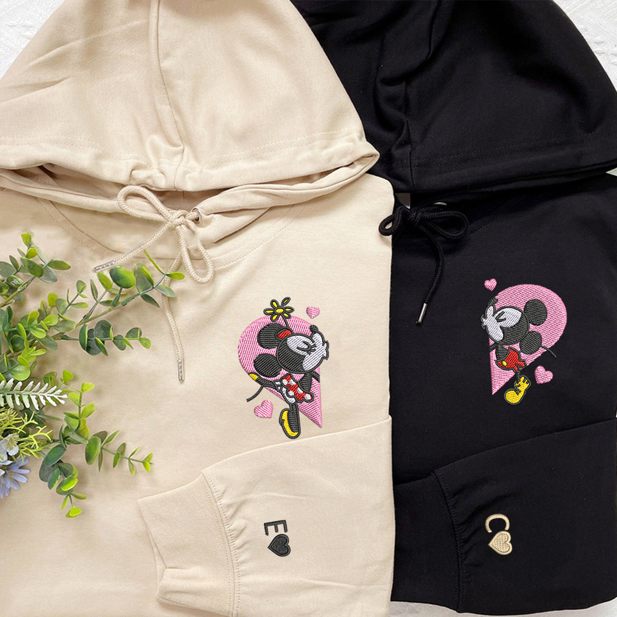 Custom Embroidered Hoodies For Couples, Custom Matching Couple Hoodie, Mouse Heart Cartoon Couples Embroidered Hoodie