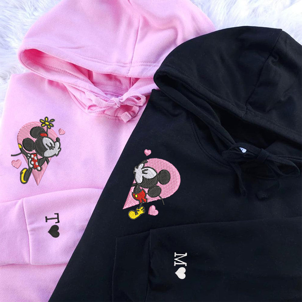 Custom Embroidered Hoodies For Couples, Custom Matching Couple Hoodie, Mouse Heart Cartoon Couples Embroidered Hoodie
