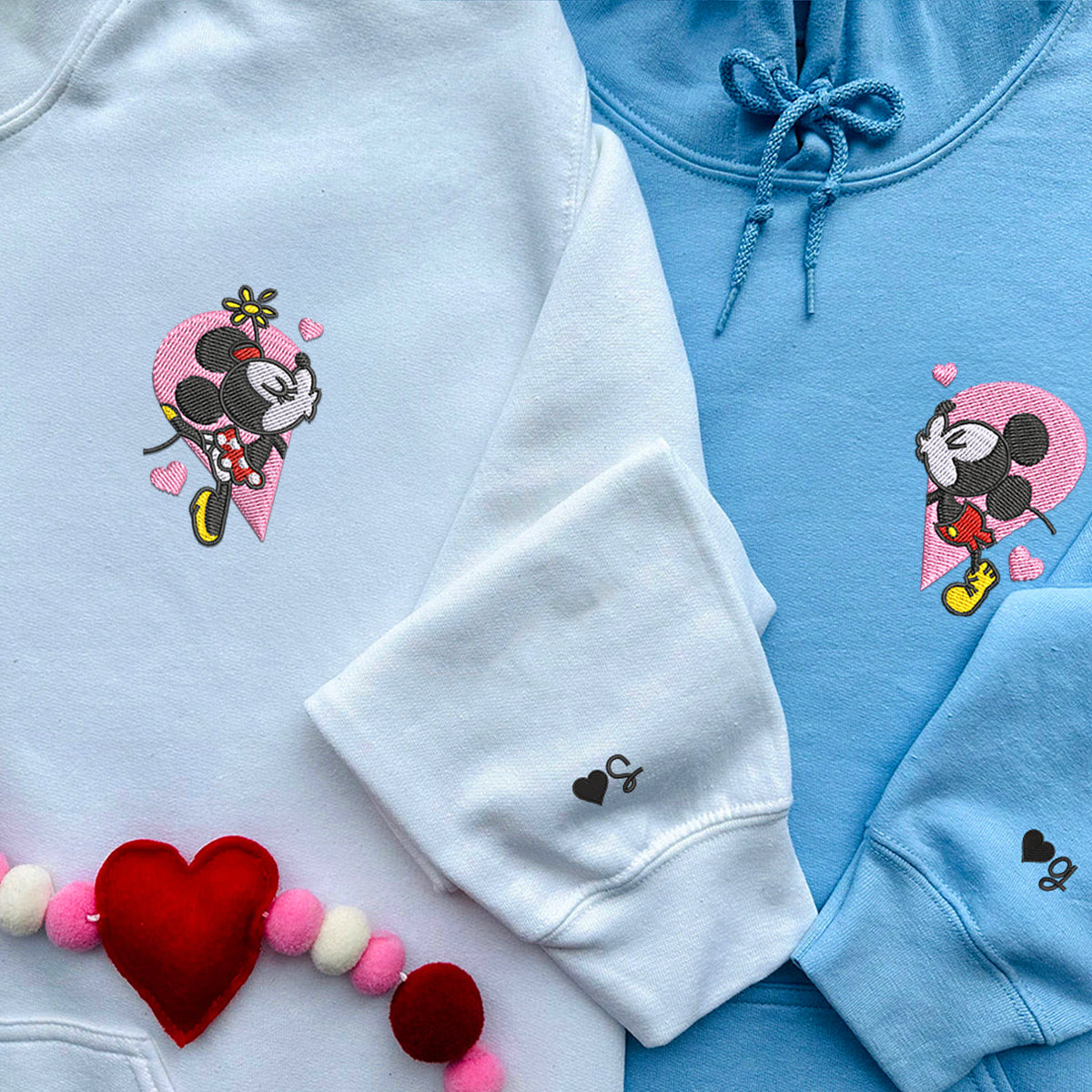 Custom Embroidered Hoodies For Couples, Custom Matching Couple Hoodie, Mouse Heart Cartoon Couples Embroidered Hoodie
