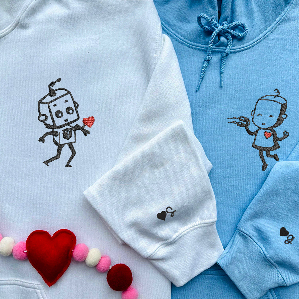Custom Embroidered Hoodies for Couples, Custom Matching Couple Hoodie, Robot Heart Couples Embroidered Hoodie