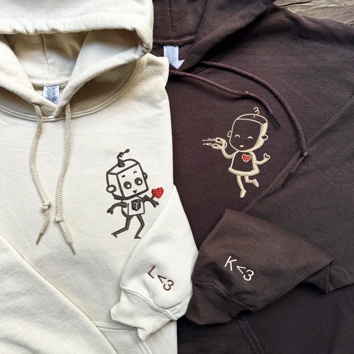 Custom Embroidered Hoodies for Couples, Custom Matching Couple Hoodie, Robot Heart Couples Embroidered Hoodie